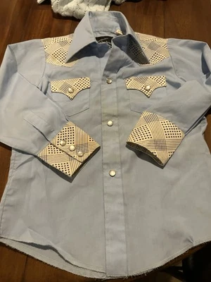 Vtg Champion Westerns Pearl Snap Shirt Youth~ Light Blue with Black & White Trim - Image 1 of 4