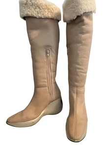 New STEPHANE KELIAN Shearling Lined Tall Boots •5•Camel Leather Wedge Paris $595 - Picture 1 of 11