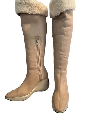 New STEPHANE KELIAN Shearling Lined Tall Boots •5•Camel Leather Wedge Paris $595 - Image 1 of 4