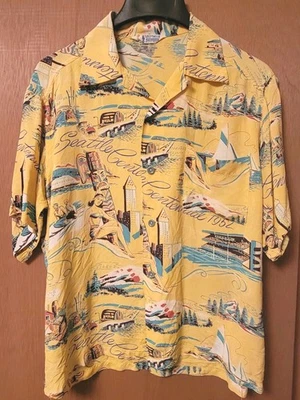 VTG 50s Hawaiian RAYON SHIRT Seattle 1952 100yr Mt RAINIER SKIING FISH FERRY UW  - Image 1 of 4
