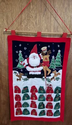 VINTAGE FABRIC CHRISTMAS ADVENT CALENDAR 24 SANTA SACKS FOR POCKETS W/CANDY CANE - Image 1 of 4