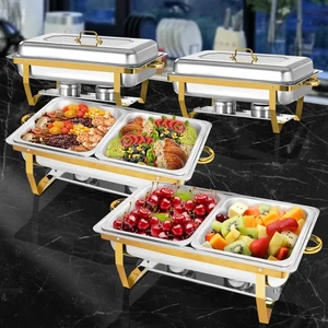 Plato de frotamiento dorado, calentador de alimentos para catering de acero inoxidable de 8 cuartos de galón con 1/2 bandeja para alimentos - Imagen 1 de 12