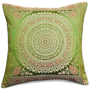 Copricuscino artigianale in seta broccato mandala disegno floreale verde oliva 16*16" - Foto 1 di 5