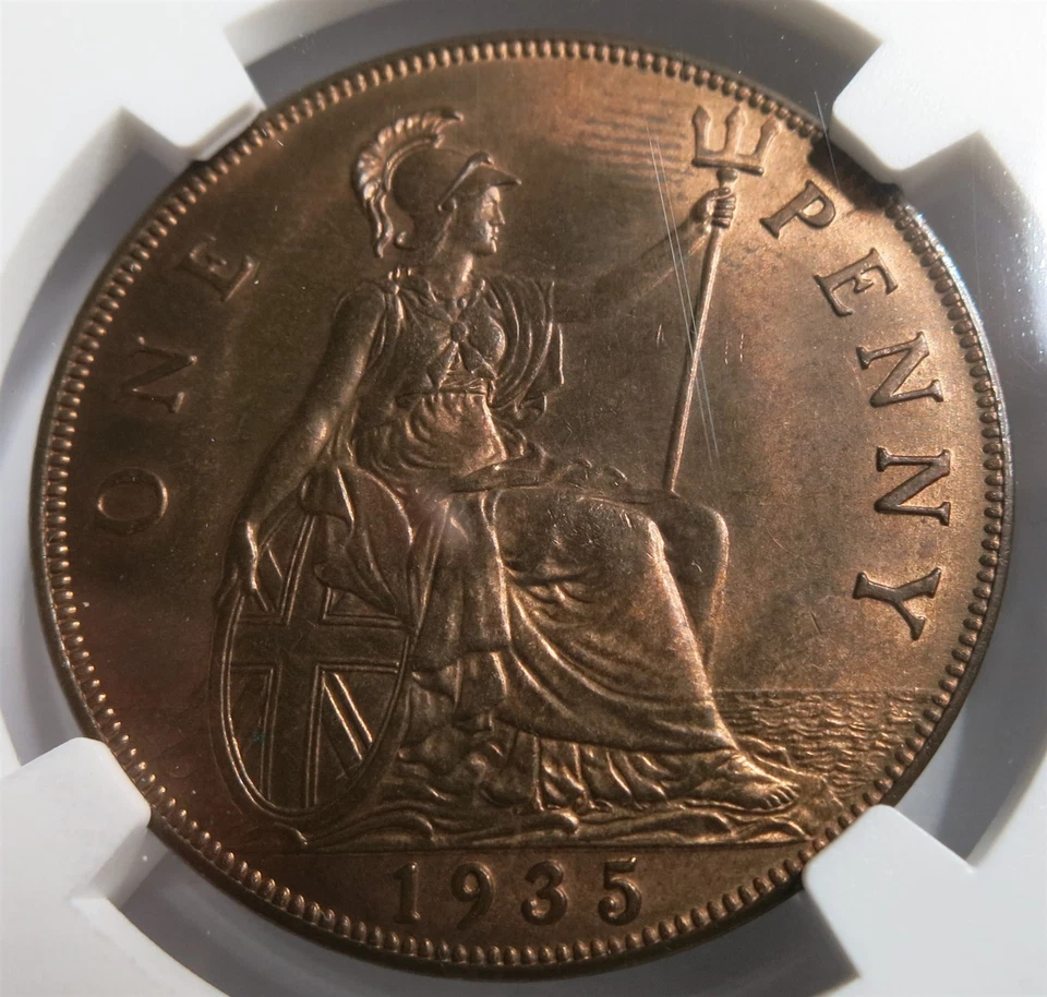 GREAT BRITAIN UK England 1 Penny 1935 NGC MS 65 RB UNC Bronze King George RED - Image 1 of 4