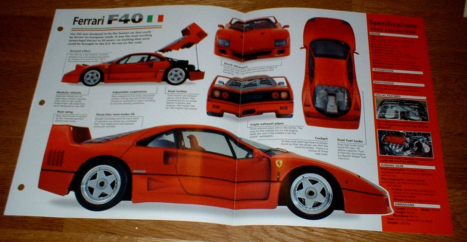 Póster de información de especificaciones de folleto original Ferrari 1992 F 40 87 92 88 89 90 91 Foto 1 de 1