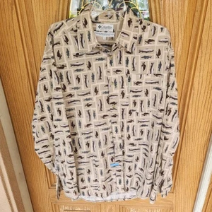 Camicia Columbia Uomo Grande Beige Pesca Pesce Stampa Allover Bottoni - Foto 1 di 6