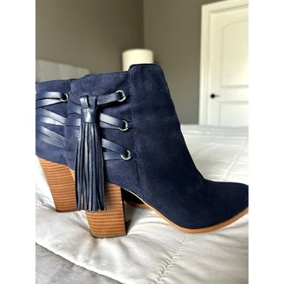 Marc Fisher Blue Suede Ankle Boot sz 8.5 Tassel Western Cowgirl Rodeo Fringe - Image 1 of 4