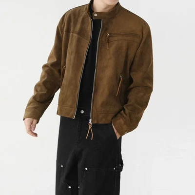 Men Brown Pure Suede Leather Jacket Slim Fit Trucker Jacket Custom Size S M L XL - Image 1 of 3