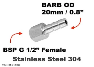 BSP G 1/2" FEMALE to BARB OD 20mm / 0.8" Stainless Tail Adaptor Hose - Picture 1 of 3
