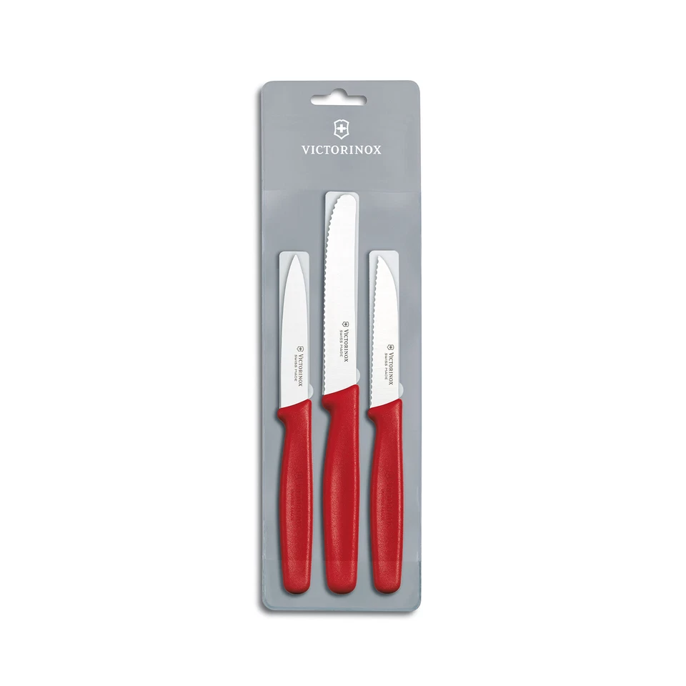 Paring Knife Set 3pc Tomato Serrated & Straight Blades Red Handle Victorinox