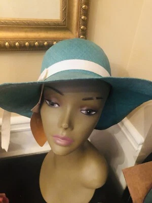 Liz Claiborne Mujer Azul Verde Blanco Cinta Ancho Playa Verano Sombrero Foto 1 de 4