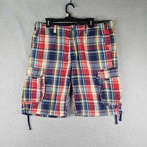 21 Men Cargo Shorts Mens 38x11 Tag 36 Red Yellow Blue Plaid Button Fly - Picture 1 of 8