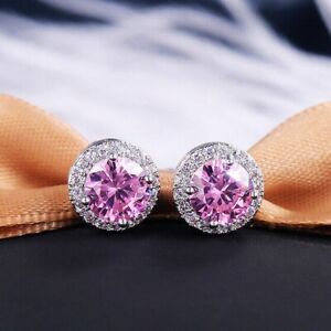 2Ct Round Cut Lab Created Pink Sapphire Halo Stud Earrings 14K White Gold Plated
