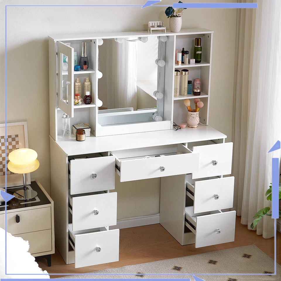 Escritorio de Maquillaje de 7 Cajones con Espejo Iluminado LED y Tocador de 3 Colores Claros Foto 1 de 4