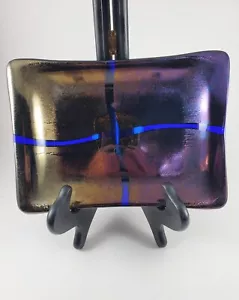 Fused Cobalt Blue/Gold/Purple Art Glass Tray Dish Iridescent Dichroic 6" x 8.5" - Picture 1 of 10
