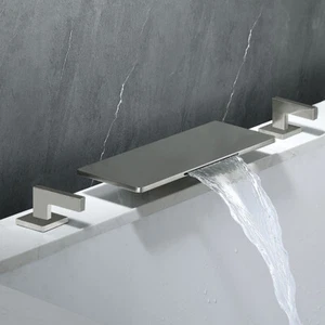 3 Holes Brushed Nickel Bathroom Sink Mixer Faucet Waterfall Storage Tub Filler - Picture 1 of 5