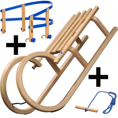 COLINT Holzschlitten Rodel 100 cm Hörnerschlitten Leine Lehne Holz Schlitten SET