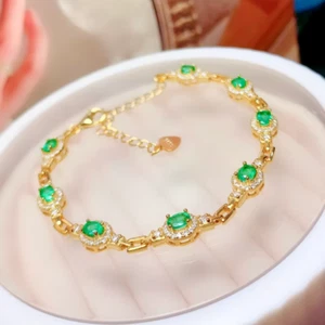 Natural Green Emerald, Gold Emerald Bracelet 925 Sterling Silver Tennis Bracelet - Picture 1 of 6