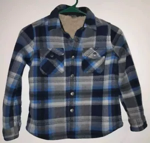 Eddie Bauer Jacket Boys 6/7 Blue Plaid Flannel Sherpa Lined Snap Up Coat Shacket - Picture 1 of 7