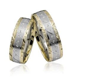 2x585 GOLD Trauringe PAARPREIS Eheringe Paarringe Gelbgold Weissgold+Gravur.PAAR - Bild 1 von 2
