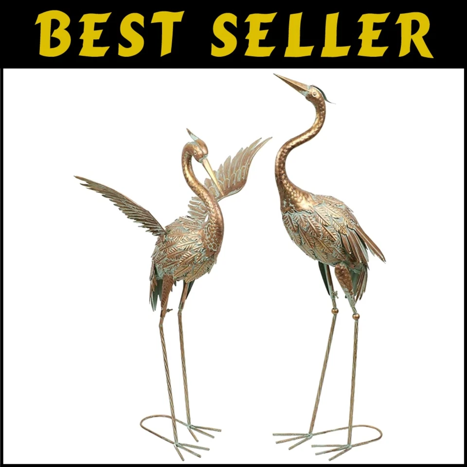 Standing Crane Metal Garden Sculpture Statue Art Decor Bronze for Home Set of 2