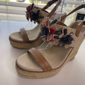 Tory Burch Linen Espadrille Wedge 7.5 Double Strap Sandals Boho Floral Jeweled - Picture 1 of 18
