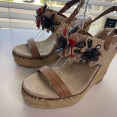 Tory Burch Linen Espadrille Wedge 7.5 Double Strap Sandals Boho Floral Jeweled - Image 1 of 4