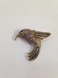 Monet Gold Purple & Green clear Rhinestone Hummingbird Pin Brooch black & gold - Picture 1 of 5
