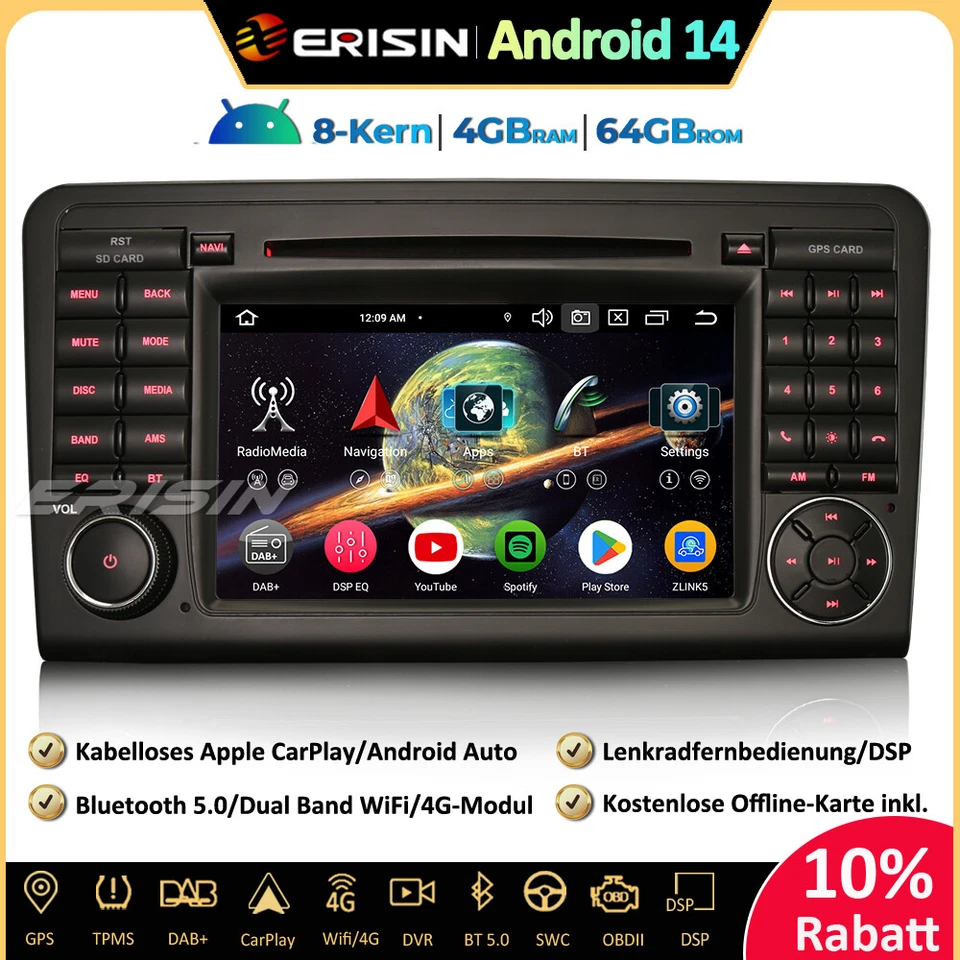 8-Kern DAB+Android 14 Autoradio Für Mercedes ML/GL Klasse W164 X164 CarPlay Navi - Bild 1 von 4