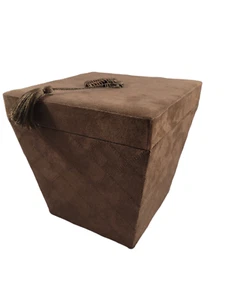 Brown Faux Suede Storage Box Tasseled Lid Crisscross Quilt Stitch 8" Tall - Picture 1 of 12