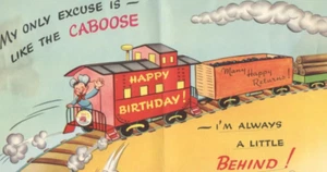Biglietto Compleanno Trenino Motore Ferroviario Vintage COMMUTATO Pista Persa Come Caboose Dietro - Foto 1 di 7
