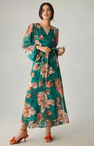 Hutch Wickelkleid V-Ausschnitt strukturiert Blumen Gr. XS grün koralle Anthropologie - Bild 1 von 16