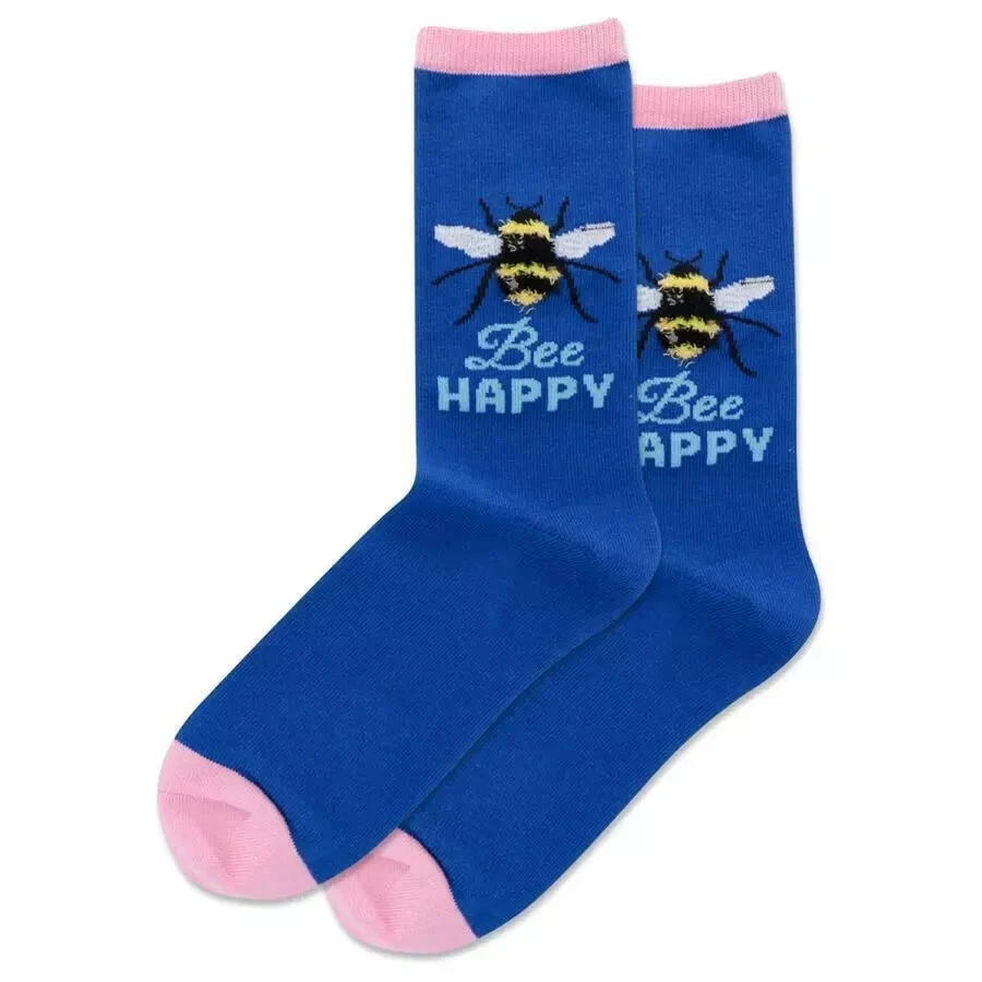 Bee Happy Women's Crew Socks Size 9-11 Blue Hot Sox Pollinator Buzz Fashion New - Image 1 of 1