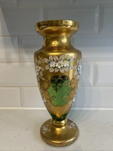 Bohemia Crystal Glass Vase Gold Gilt Hand Painted Czechoslovakia 12 inch - Picture 1 of 8