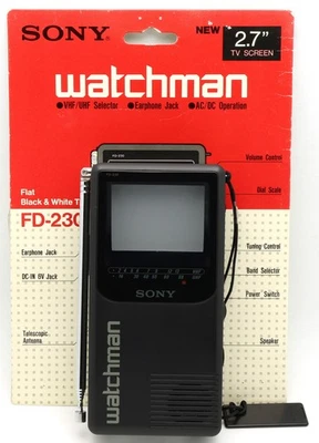 Sony Watchman FD-230 Black portable pocket CRT TV, vintage, works w backing card - Image 1 of 4