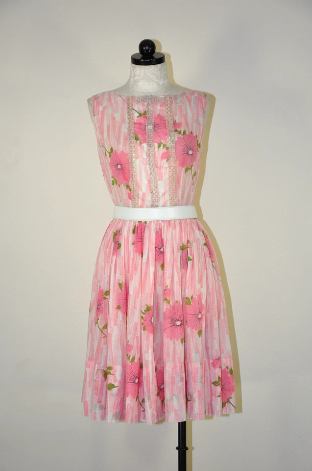 60s Vintage Pink Rose Floral Cotton Gauze Lace Sleeveless Full Skirt Day Dress S - Image 1 of 4