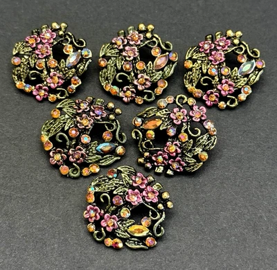 GORGEOUS Vintage Set of 6 Aurora Borealis Rhinestone FLORAL Buttons (K1) - Image 1 of 4