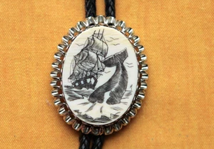 Vintage Etched Sales Ship Whale Bolo Tie - Picture 1 of 14