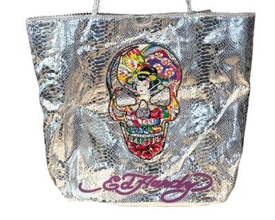 Bolso de Mano Ed Hardy The Corps Bon Piel de Serpiente Logo Plateado Delgado Calavera Floral Nuevo con Etiquetas Foto 1 de 4