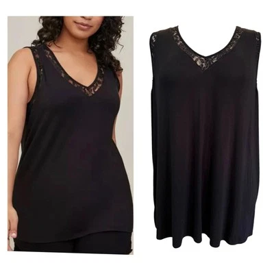 Camiseta sin mangas Torrid 5 (5X 28) negra pluma suave cuello en V encaje corte clásico Foto 1 de 2