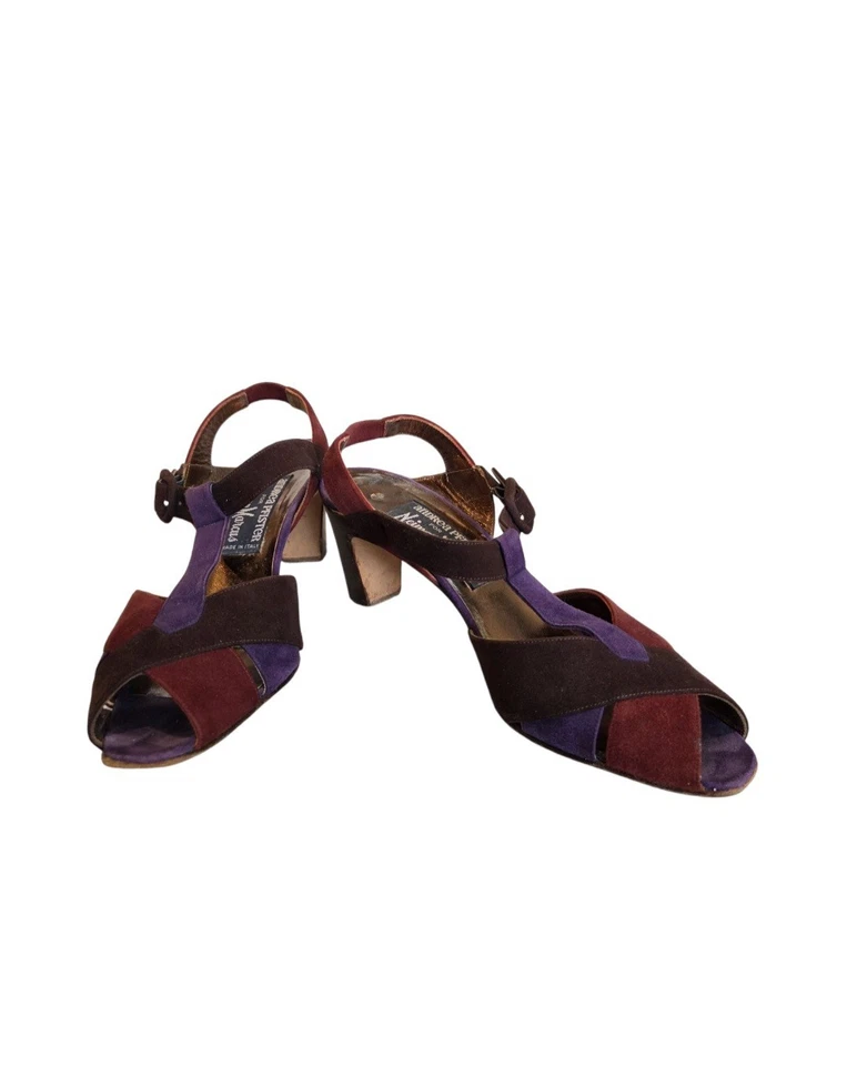 Andrea Pfister Neiman Marcus 复古麂皮绒皮革高跟鞋 意大利勃艮第紫色 6 — 第 1/4 张图片