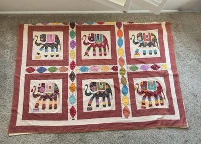 Vintage Handmade Indian Kantha quilt king size Elephant Patchwork Boho Bedspread - Image 1 of 4