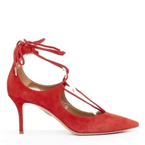 AQUAZZURA Christy 75 red suede leather lace up mid pumps EU39.5 - Picture 1 of 11