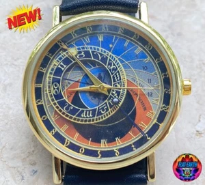 Prague Astronomical Tower Leather Watch Flat Earth Unisex Black Fine Wristwatch - Picture 1 of 10
