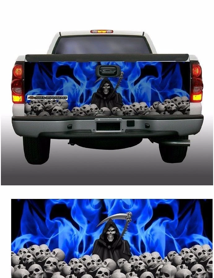Blue flame skulls grim reaper truck tailgate vinyl graphic decal wraps - Image 1 of 1