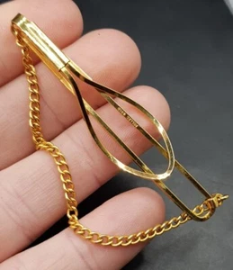 Vintage Rolled Gold Tie Bar Clip With Safety Chain - Classic Gents Design. 🇬🇧 - Picture 1 of 8
