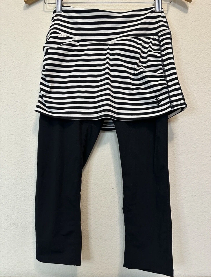 Coolibar Womens Shorebreak Skirted Swim Capris Size XS Black White Stripped UPF - Image 1 of 4