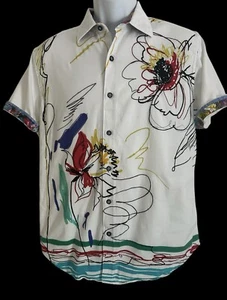 Robert Graham Mens Shirt White Embroidered Floral Flip Button Short Sleeve M - Picture 1 of 12