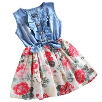 Niñas Verano Sin Mangas Floral Denim Vestido Niño Pequeño Lazo Informal Solero Blanco 120 Foto 1 de 4