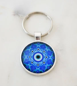 Evil Eye Greek Blue Turkish Mandala Key Ring Glass Cabochon Keyring Keychain - Picture 1 of 4